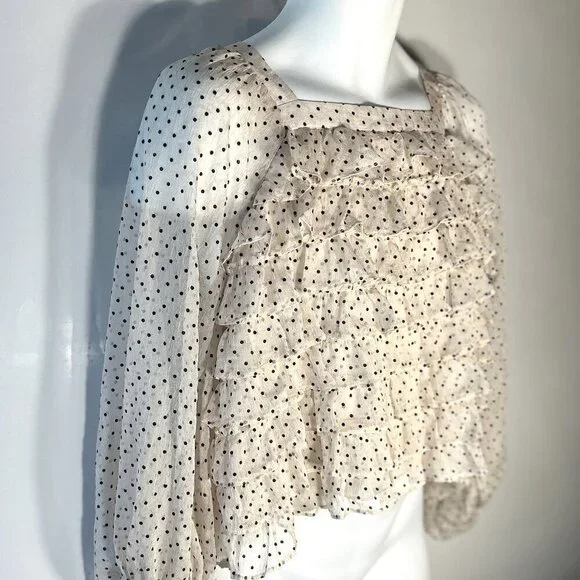 DO+BE SZ L Ivory Sheer Polka Dot Ruffled Top 80's Fairy Romantic Feminine Boho - Picture 2 of 10